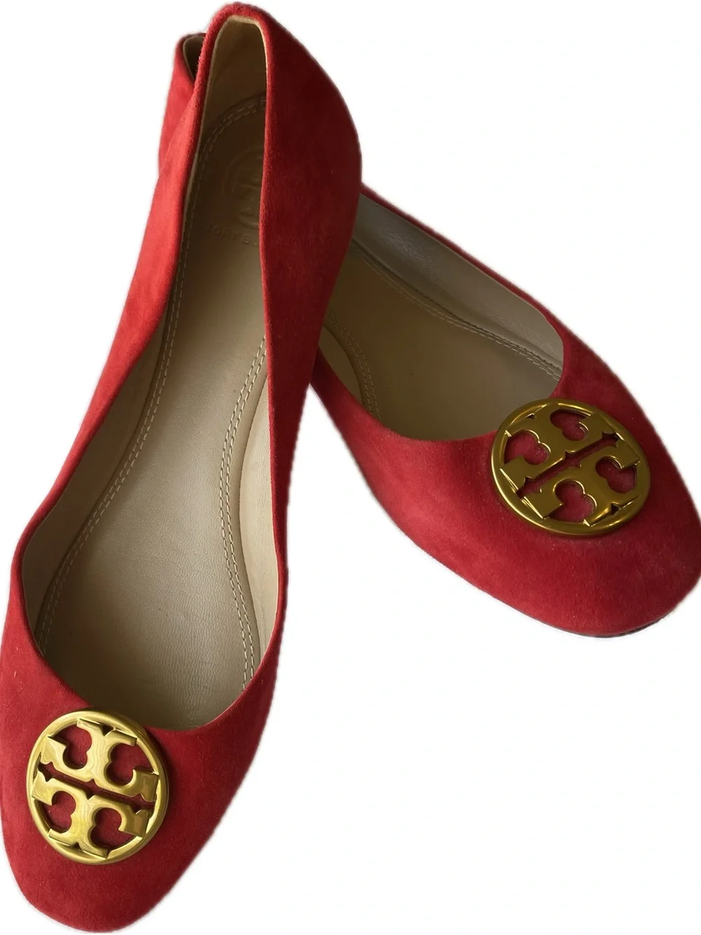 Tory Burch Red Suede Logo Medallion Flats
